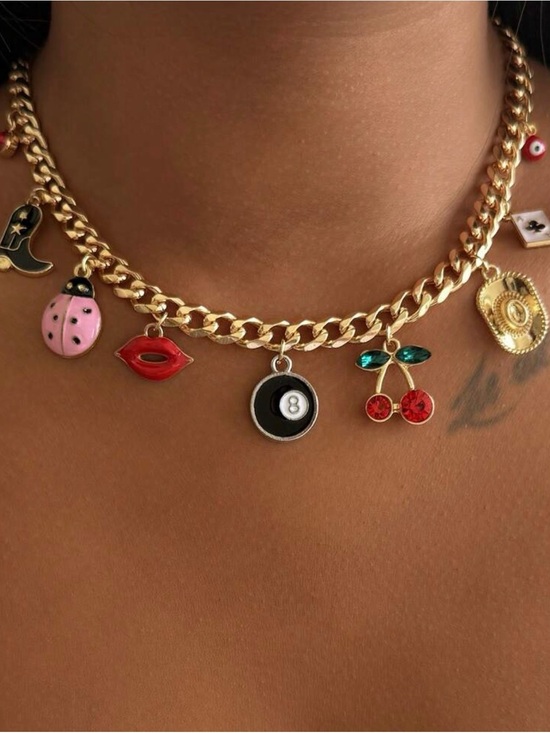 Jewelry - Gold Charm Chain Necklace with Pink Ladybug, Red Lips & Cherry Charms